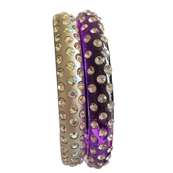 Bling Purple Silver 3 Row Rhinestone Acrylic Bangles Set of Two Fashion Jewelry - Picture 2 of 4